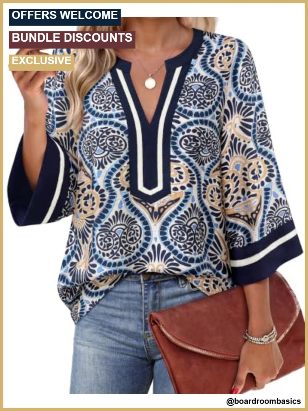 Womens Blouse 3/4 Bell Sleeve V Neck Loose Fit Tunic Top Dressy Casual